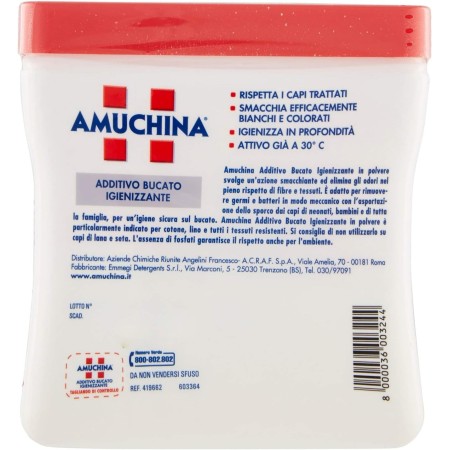 Informazioni stampate sulla Confezione di Amuchina Additivo Bucato Igienizzante in Polvere