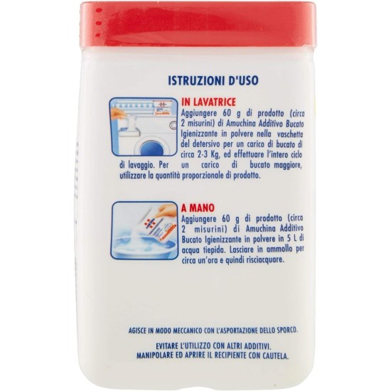 Istruzioni d'uso stampate sulla Confezione di Amuchina Disinfettante Bucato 500g – Amuchina Igienizzante