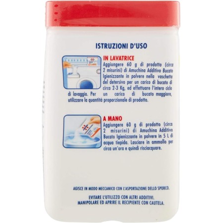 Istruzioni d'uso stampate sulla Confezione di Amuchina Disinfettante Bucato 500g – Amuchina Igienizzante
