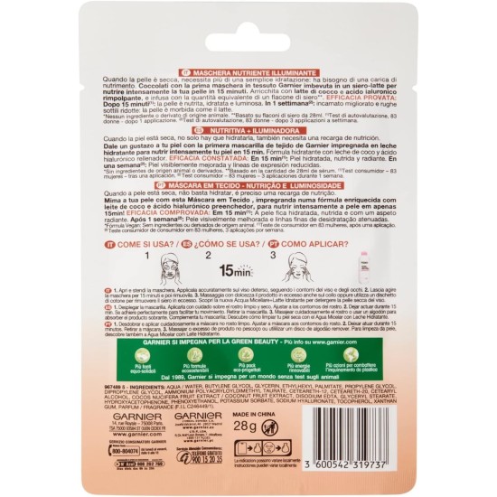 informazioni sulla confezione della Maschera Viso Garnier con Latte di Cocco e Acido Ialuronico