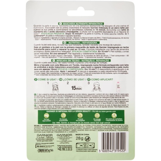 Informazioni sulla confezione Maschera Garnier Nutri Bomb con Latte di Mandorla e Acido Ialuronico
