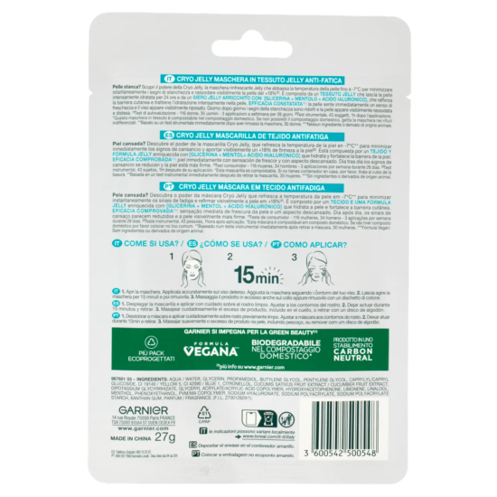 Informazione dettagliate sulla Confezione della Maschera Garnier SkinActive Cryo Jelly - Effetto Ghiaccio Anti-Fatica