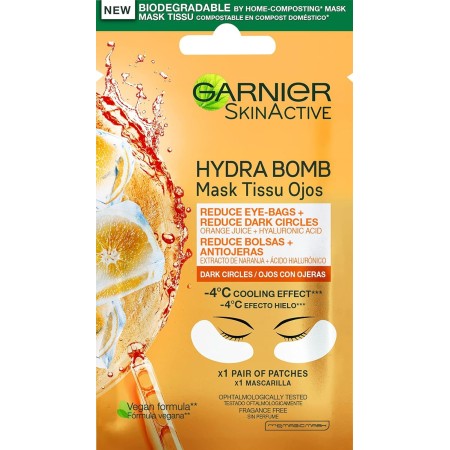 Confezione frontale della Maschera Occhi Garnier Hydra Bomb con Succo di Arancia e Acido Ialuronico - Anti Fatica