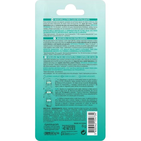 Informazioni dettagliate sul etro della confezione della Maschera Contorno Occhi Garnier con Acqua di Cocco