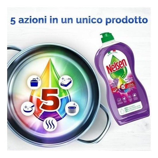 Detersivo Nelsen Aceto e Lavanda per Piatti a Mano - con rappresentazione dei 5 benefici