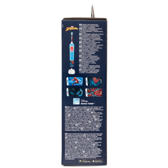 lato della confezione  con informazioni del contenuto della confezione Spazzolino Elettrico Bambini Oral-B spiderman