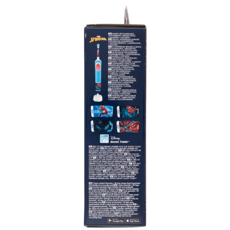 lato della confezione  con informazioni del contenuto della confezione Spazzolino Elettrico Bambini Oral-B spiderman