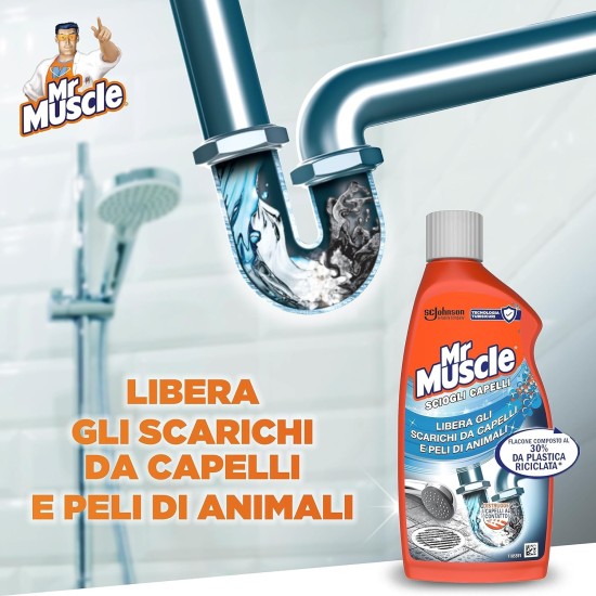 Mr Muscolo Disgorgante per liberare scarichi da capelli e peli di animali, flacone con 30% plastica riciclata