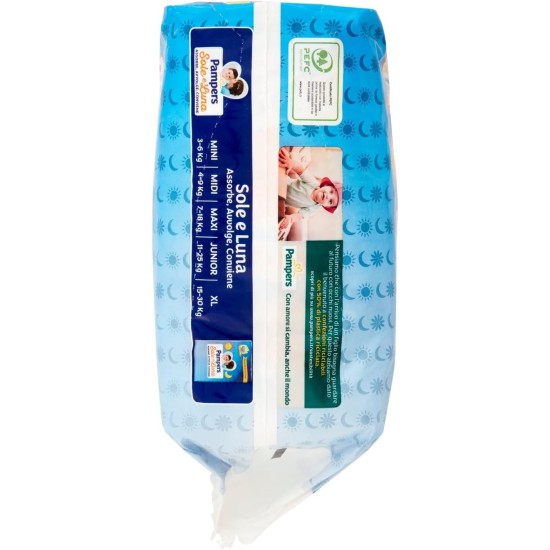 lato sinistro della confezione Pampers Sole e Luna Mutandino 4 con raffigurato le taglie disponibili del mutandino sole luna
