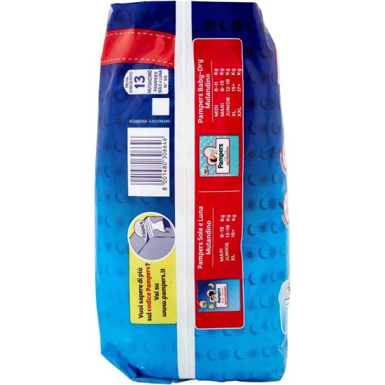 lato sinistro della confezione Pampers Sole e Luna Mutandino 6 con raffigurato le taglie disponibili del mutandino sole luna