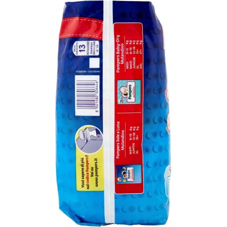 lato sinistro della confezione Pampers Sole e Luna Mutandino 6 con raffigurato le taglie disponibili del mutandino sole luna