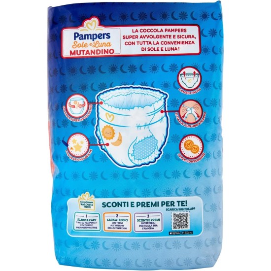 retro confezione Pampers Sole e Luna Mutandino 6 con raffigurazione dei 5 benefici del mutandino sole luna