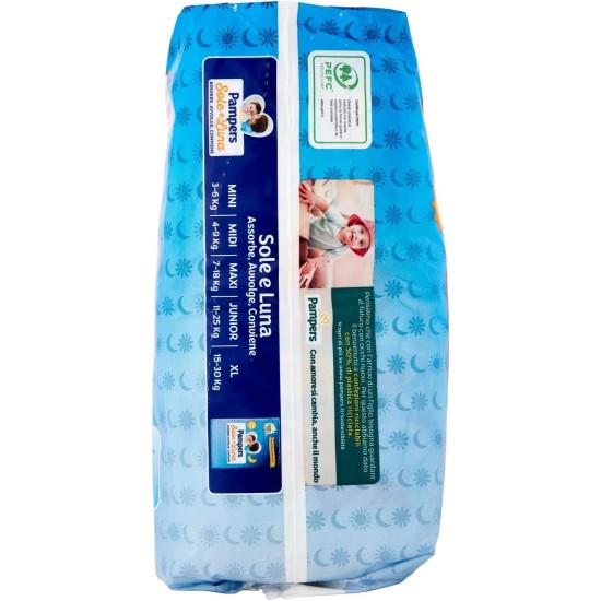 lato sinistro della confezione Pampers Sole e Luna Mutandino 6 con raffigurato le taglie disponibili del mutandino sole luna