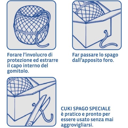 Istruzioni sull'utilizzo del foro presente nella scatola ed evitare di ingarbugliare la matassa dello Spago Alimentare Cuki.