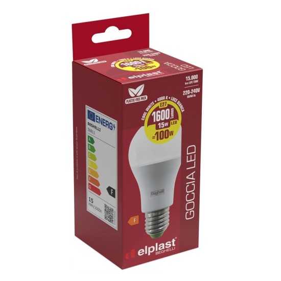 Confezione Lampadina a goccia Beghelli Led - Risparmio Energetico 15W E27 – 4000K Luce Bianca 1600 Lumen