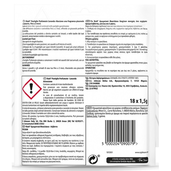 Retro confezione con Avvertenze e Istruzioni d'uso di Raid Pastiglie Antitarme profumate alla Lavanda.