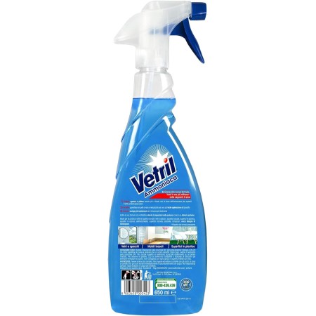 informazioni stampate sulla confezione di Vetril Ammoniaca Detergente Spray 650ml