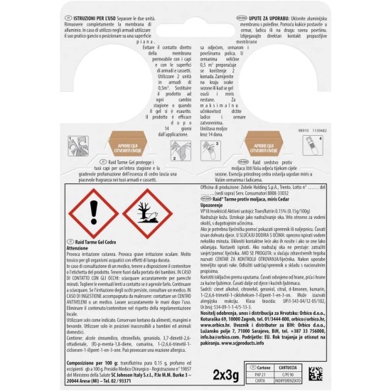 etichetta Raid AntiTarme Gel per Armadi al Cedro