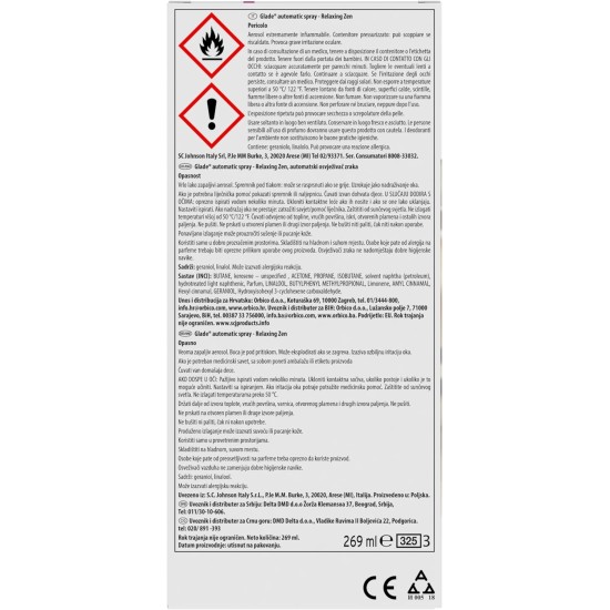 etichetta Glade Automatic Spray Base con Ricarica Fragranza Relaxing Zen
