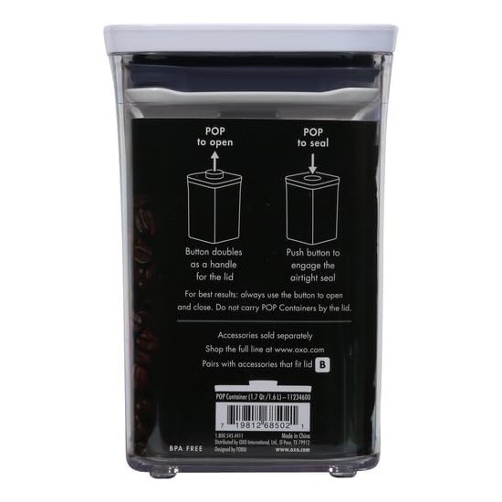 OXO Good Grips Contenitore Alimentare POP con istruzioni di come si usa il coperchio POP