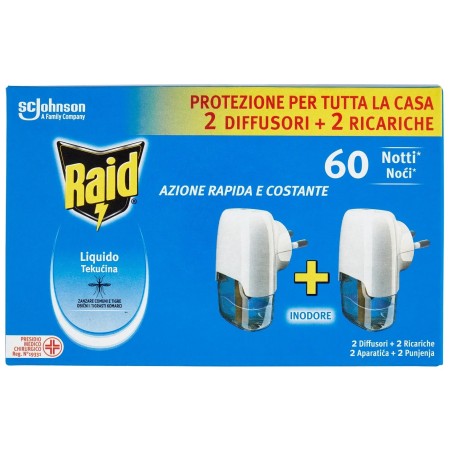 Raid Liquido Antizanzare Tigre 2 Basi 2 Ricariche 60 Notti Inodore