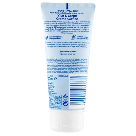 incredienti sulla confezione Nivea Baby Viso e Corpo Crema Soffice 100ml