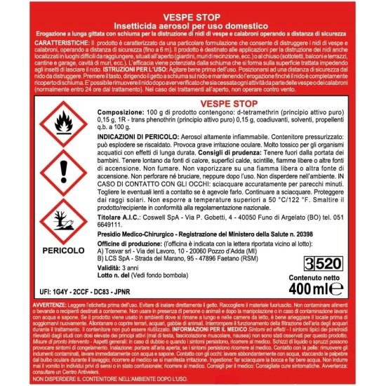 informazioni di pericolo Vape Spray per Vespe e Calabroni