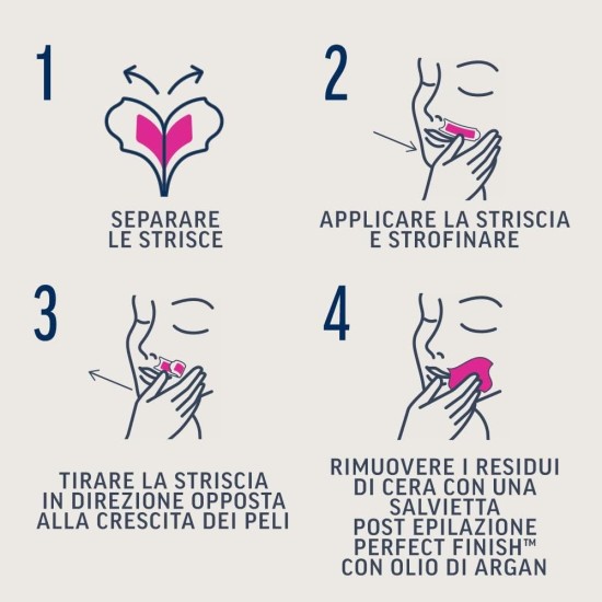come usare Veet Expert Strisce Depilatorie Viso con Burro di Karitè - 12 Strisce + 2 Salviette