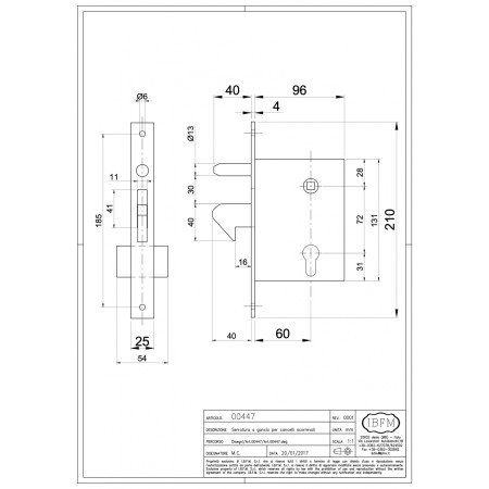 Dettaglio misure serratura a gancio IBFM Art 447 per cancelli scorrevoli