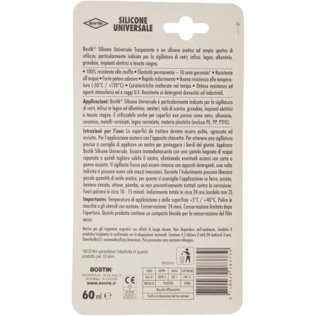 informazioni sulla confezione del silicone trasparente universale bostik acetico antimuffa 60ml
