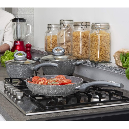 Pentole e padella in pietra antiaderente con coperchi in vetro