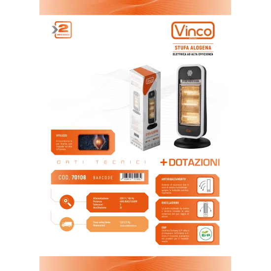 Stufa Alogena Elettrica moderna a basso consumo VINCO 1,2 kW