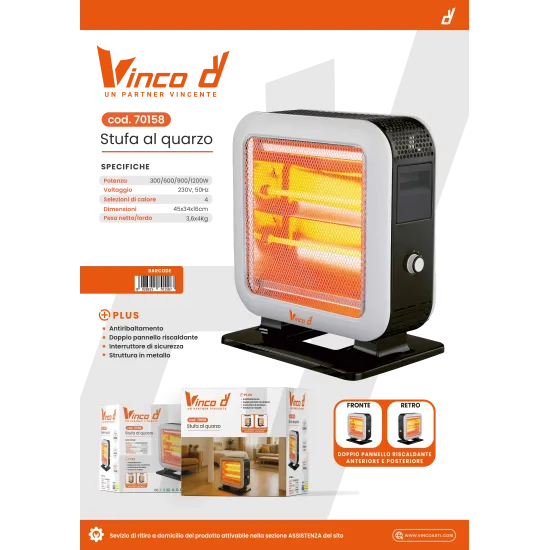 scheda tecnica Stufa elettrica al quarzo doppio pannello VINCO art. 70158