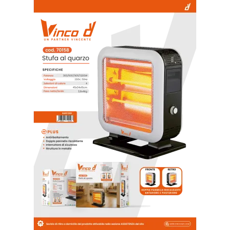 scheda tecnica Stufa elettrica al quarzo doppio pannello VINCO art. 70158