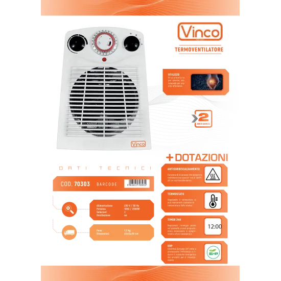 Scheda tecnica Termoventilatore con timer VINCO 2000W