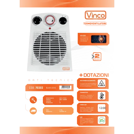 Scheda tecnica Termoventilatore con timer VINCO 2000W