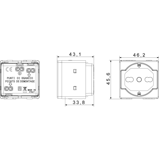 Shema misure Presa Schuko Gewiss GW20246