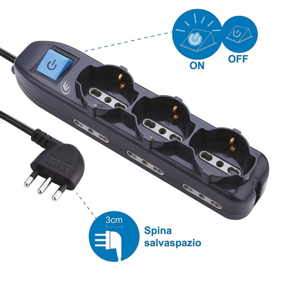 Ciabatta con spina salvaspazio e interruttore On/Off con luce discreta.