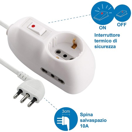 Adattatore Multipresa Electraline 62033 con interruttore, 1 presa Schuko + 2 bivalenti 10/16 A e Spina Salvaspazio