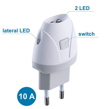 Spina electraline con luce LED integrata, dotata di interruttore, 2 LED frontali, LED laterale