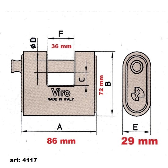 Misure Lucchetto antiscasso Viro Panzer 86 mm 4117