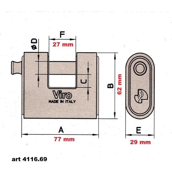 Misure dettagliate del Lucchetto Viro con Chiave Unica Art.4116.69