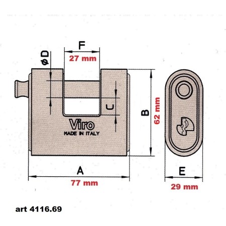Misure dettagliate del Lucchetto Viro con Chiave Unica Art.4116.69