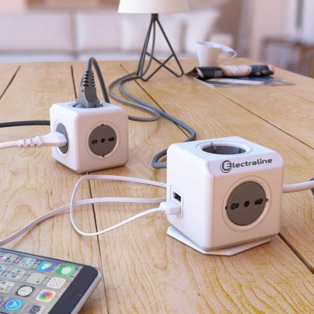 Electraline 62098 Multipresa ciabatta Cubo Powercube 5 posti 2 Schuko + Spina Italiana, 3 Bivalenti 10/16A ,Nero, Cavo 1,5M