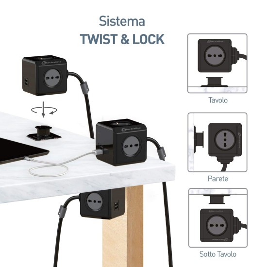 Electraline 62098 Multipresa ciabatta Cubo Powercube 5 posti 2 Schuko + Spina Italiana, 3 Bivalenti 10/16A ,Nero, Cavo 1,5M