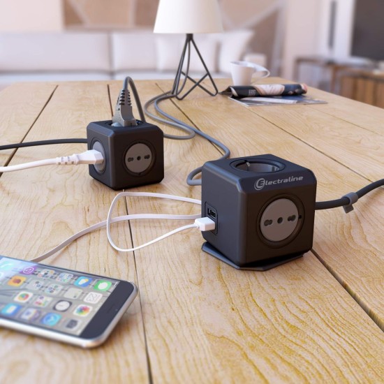 Electraline 62098 Multipresa ciabatta Cubo Powercube 5 posti 2 Schuko + Spina Italiana, 3 Bivalenti 10/16A ,Nero, Cavo 1,5M