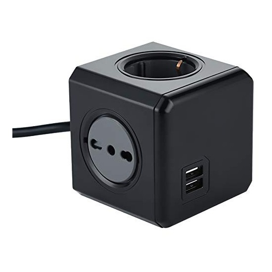 Electraline 62098 Multipresa ciabatta Cubo Powercube 5 posti 2 Schuko + Spina Italiana, 3 Bivalenti 10/16A ,Nero, Cavo 1,5M