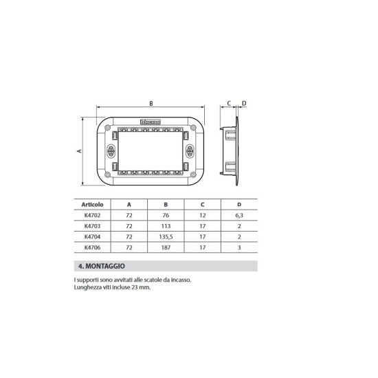 misure supporto K4704