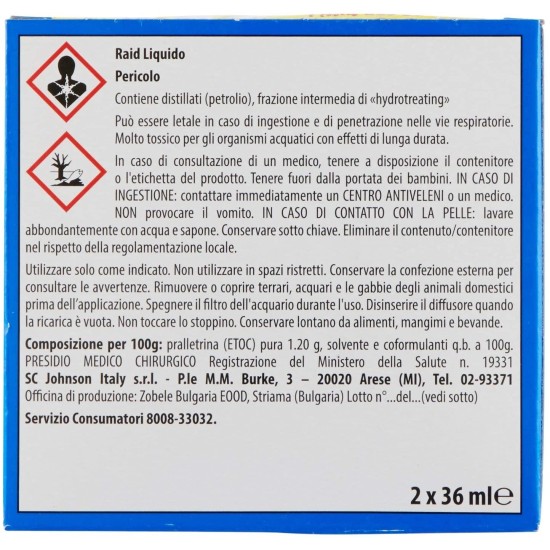 informazioni di pericolo Raid Liquido Ricarica 60+60 Notti Antizanzare Tigre