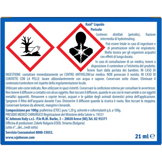 Avvertenze e istruzioni per Raid Diffusore Liquido per Zanzare